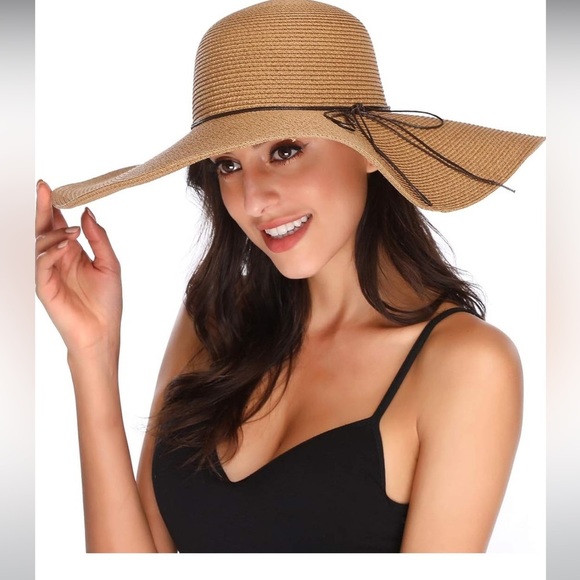 Womens Wide Brim Straw Hat Big Floppy Foldable Roll up Cap Beach Sun Hat UPF 50+ - Picture 2 of 3
